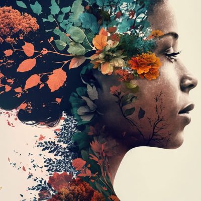 Double exposure woman profile and flowers mental health women's